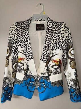 Roberto Cavalli White, Black & Blue Printed Silk Blazer